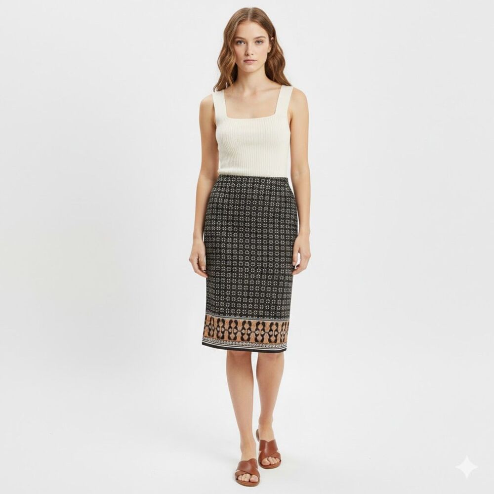 Max Studio Edit New Geometric Floral Stretch Black Multicolor Midi Skirt SZ M